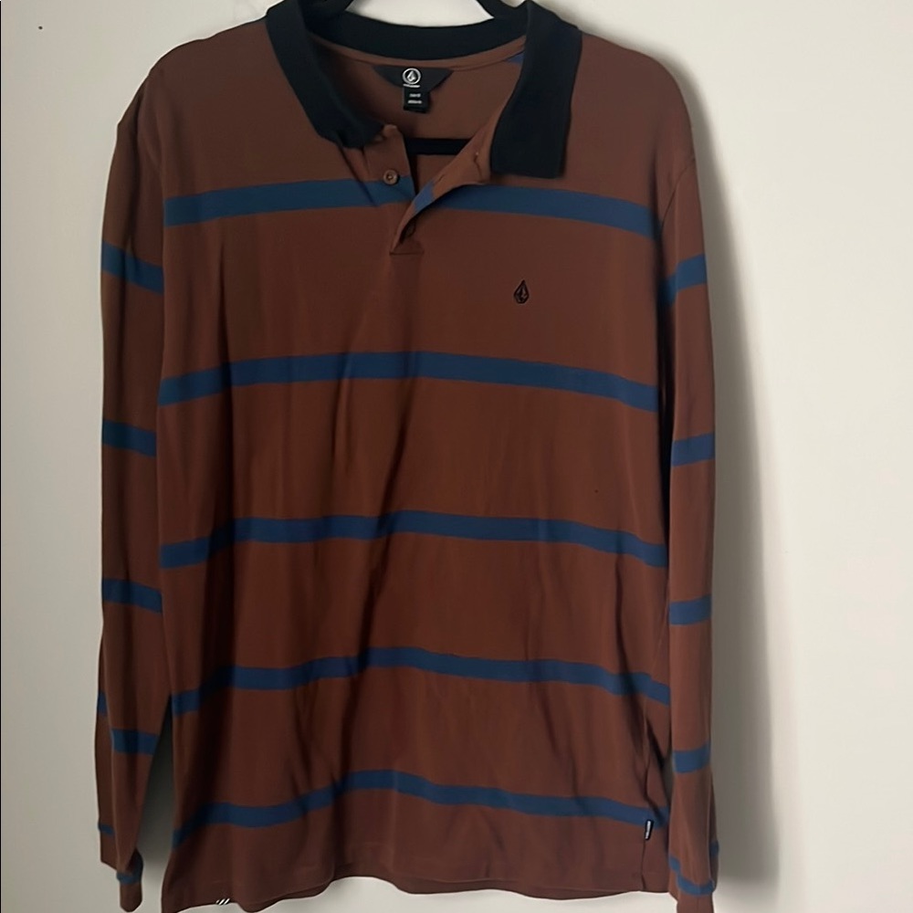 Volcom Men's Brown and Blue Striped Shirt